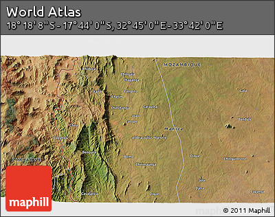 Satellite 3D Map of the Area around 18° 1' 4" S, 33° 13' 30" E