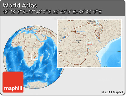 Shaded Relief Location Map of the Area around 18° 1' 4" S, 33° 13' 30" E