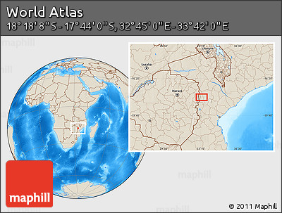 Shaded Relief Location Map of the Area around 18° 1' 4" S, 33° 13' 30" E
