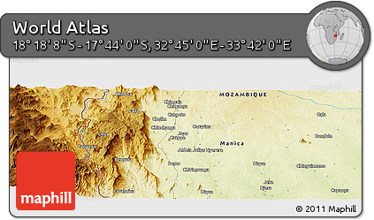 Physical Panoramic Map of the Area around 18° 1' 4" S, 33° 13' 30" E