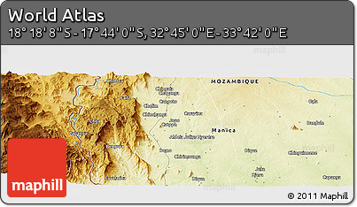 Physical Panoramic Map of the Area around 18° 1' 4" S, 33° 13' 30" E