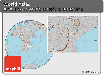 Gray Location Map of the Area around 18° 1' 4" S, 34° 4' 30" E
