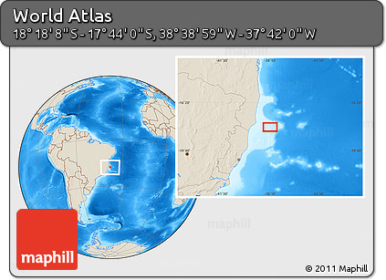Shaded Relief Location Map of the Area around 18° 1' 4" S, 38° 10' 29" W