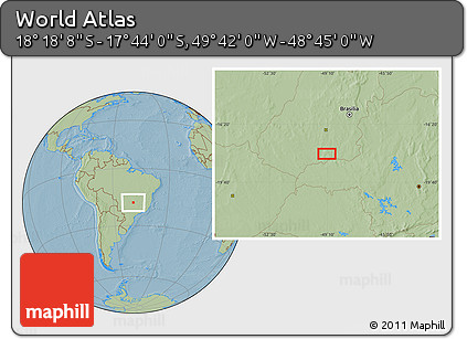 Savanna Style Location Map of the Area around 18° 1' 4" S, 49° 13' 30" W, hill shading