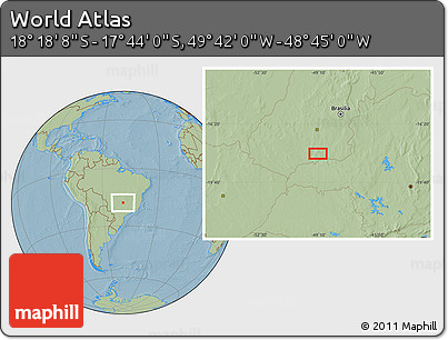 Savanna Style Location Map of the Area around 18° 1' 4" S, 49° 13' 30" W, hill shading