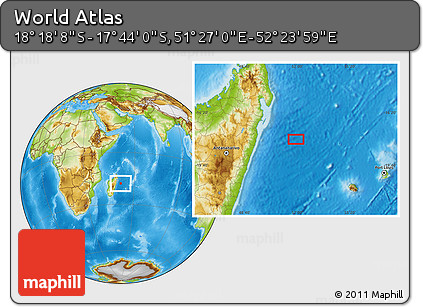 Physical Location Map of the Area around 18° 1' 4" S, 51° 55' 29" E