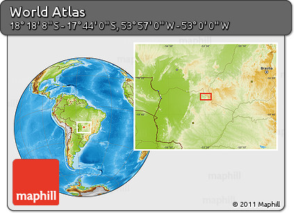 Physical Location Map of the Area around 18° 1' 4" S, 53° 28' 30" W