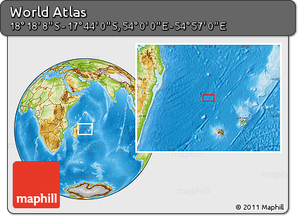 Physical Location Map of the Area around 18° 1' 4" S, 54° 28' 30" E