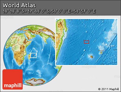 Physical Location Map of the Area around 18° 1' 4" S, 54° 28' 30" E