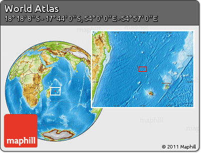 Physical Location Map of the Area around 18° 1' 4" S, 54° 28' 30" E
