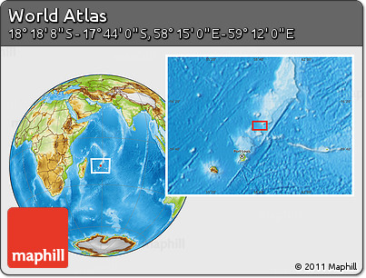 Physical Location Map of the Area around 18° 1' 4" S, 58° 43' 30" E
