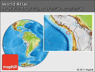 Physical Location Map of the Area around 18° 1' 4" S, 71° 19' 29" W