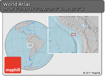 Gray Location Map of the Area around 18° 1' 4" S, 72° 10' 30" W, hill shading