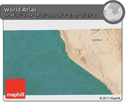 Satellite 3D Map of the Area around 18° 31' 34" S, 11° 58' 29" E