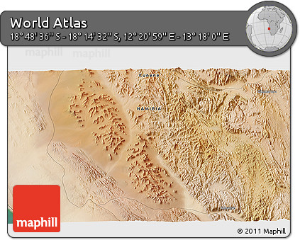 Satellite 3D Map of the Area around 18° 31' 34" S, 12° 49' 29" E