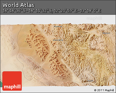 Satellite 3D Map of the Area around 18° 31' 34" S, 12° 49' 29" E