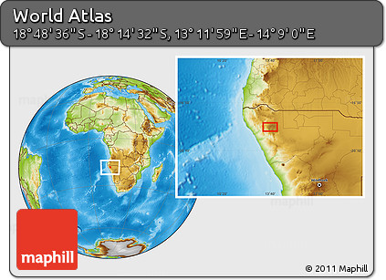 Physical Location Map of the Area around 18° 31' 34" S, 13° 40' 30" E