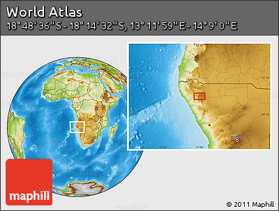 Physical Location Map of the Area around 18° 31' 34" S, 13° 40' 30" E