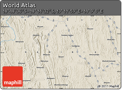 Shaded Relief Map of the Area around 18° 31' 34" S, 13° 40' 30" E
