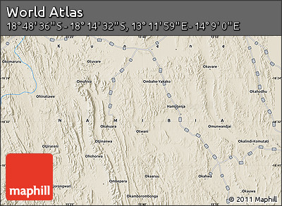 Shaded Relief Map of the Area around 18° 31' 34" S, 13° 40' 30" E