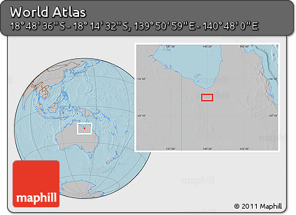 Gray Location Map of the Area around 18° 31' 34" S, 140° 19' 29" E, hill shading