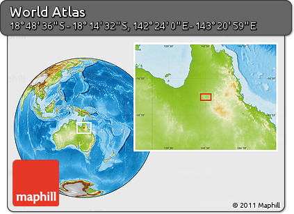 Physical Location Map of the Area around 18° 31' 34" S, 142° 52' 30" E