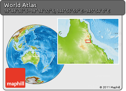 Physical Location Map of the Area around 18° 31' 34" S, 145° 25' 30" E
