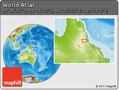 Physical Location Map of the Area around 18° 31' 34" S, 145° 25' 30" E
