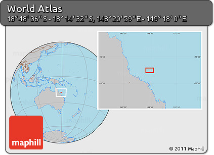 Gray Location Map of the Area around 18° 31' 34" S, 148° 49' 29" E