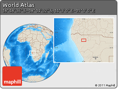 Shaded Relief Location Map of the Area around 18° 31' 34" S, 14° 31' 30" E
