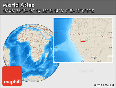 Shaded Relief Location Map of the Area around 18° 31' 34" S, 14° 31' 30" E