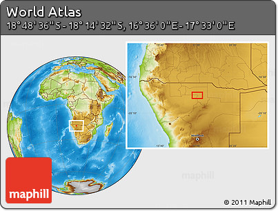 Physical Location Map of the Area around 18° 31' 34" S, 17° 4' 30" E