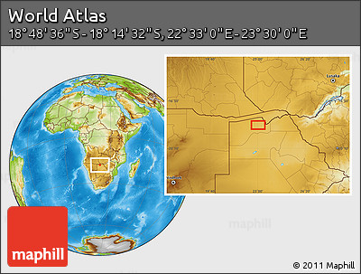 Physical Location Map of the Area around 18° 31' 34" S, 23° 1' 29" E