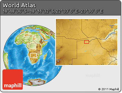 Physical Location Map of the Area around 18° 31' 34" S, 23° 1' 29" E