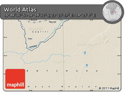 Shaded Relief Map of the Area around 18° 31' 34" S, 23° 52' 30" E
