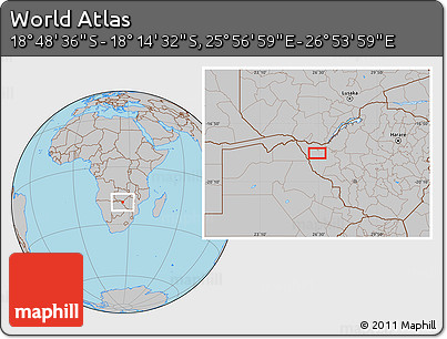 Gray Location Map of the Area around 18° 31' 34" S, 26° 25' 29" E