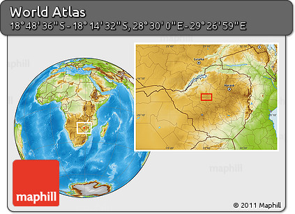 Physical Location Map of the Area around 18° 31' 34" S, 28° 58' 30" E