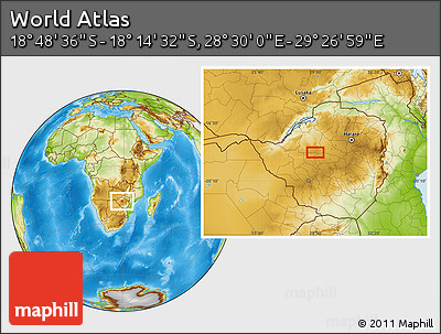 Physical Location Map of the Area around 18° 31' 34" S, 28° 58' 30" E