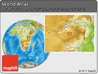 Physical Location Map of the Area around 18° 31' 34" S, 28° 58' 30" E