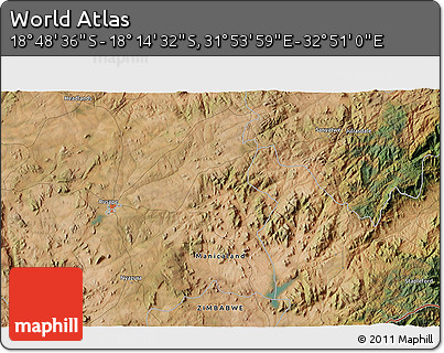 Satellite 3D Map of the Area around 18° 31' 34" S, 32° 22' 30" E