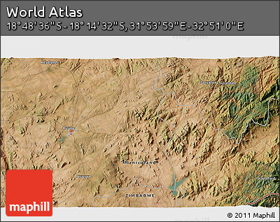 Satellite 3D Map of the Area around 18° 31' 34" S, 32° 22' 30" E