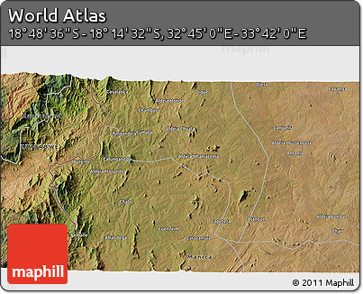Satellite 3D Map of the Area around 18° 31' 34" S, 33° 13' 30" E