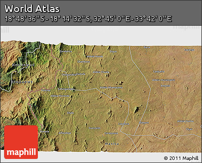 Satellite 3D Map of the Area around 18° 31' 34" S, 33° 13' 30" E