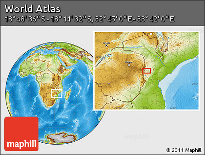 Physical Location Map of the Area around 18° 31' 34" S, 33° 13' 30" E