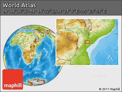 Physical Location Map of the Area around 18° 31' 34" S, 34° 55' 29" E