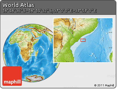 Physical Location Map of the Area around 18° 31' 34" S, 37° 28' 30" E