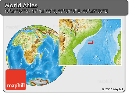 Physical Location Map of the Area around 18° 31' 34" S, 38° 19' 30" E