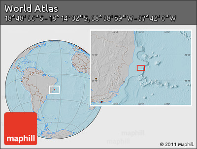 Gray Location Map of the Area around 18° 31' 34" S, 38° 10' 29" W, hill shading