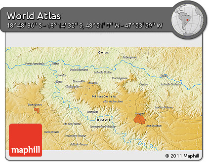 Physical 3D Map of the Area around 18° 31' 34" S, 48° 22' 30" W