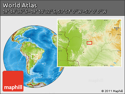 Physical Location Map of the Area around 18° 31' 34" S, 53° 28' 30" W